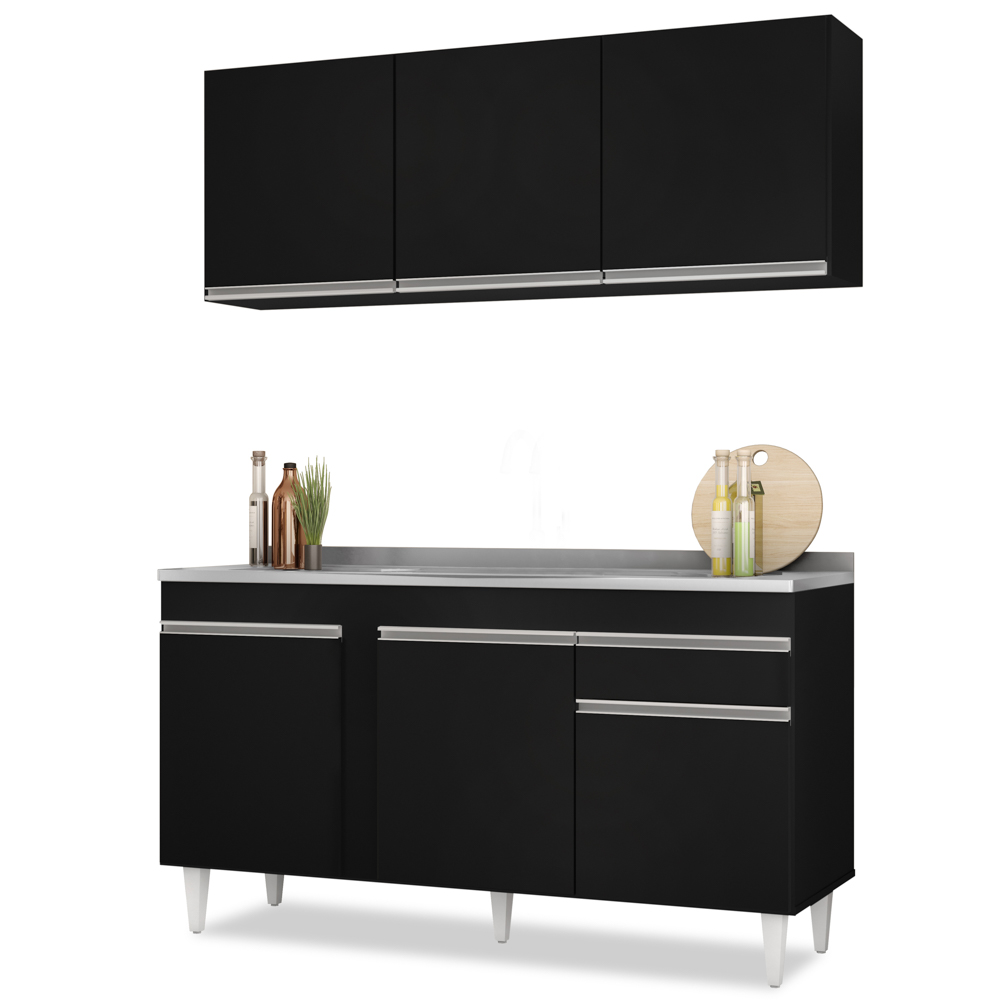 Armário Aéreo Argélia e Balcão Gabinete com Pia Inox 150cm Dakota Preto - Lumil Armário Aéreo Argélia e Balcão Gabinete com Pia Inox 150cm Dakota Preto - Lumil