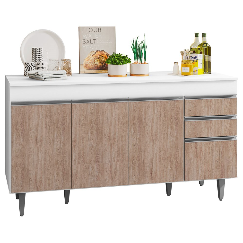 Balcão Gabinete de Pia com Tampo 150cm 4 Portas 2 Gavetas Marrocos Branco/Castanho - Lumil Balcão Gabinete de Pia com Tampo 150cm 4 Portas 2 Gavetas Marrocos Branco/Castanho - Lumil
