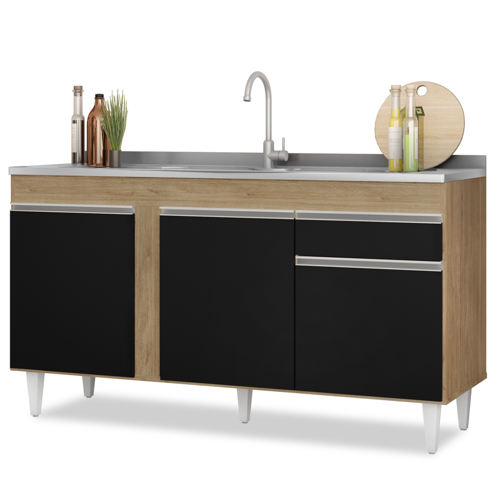 Balcão Gabinete com Pia Inox 150cm 3 Portas 1 Gaveta Dakota Castanho/Preto - Lumil Balcão Gabinete com Pia Inox 150cm 3 Portas 1 Gaveta Dakota Castanho/Preto - Lumil