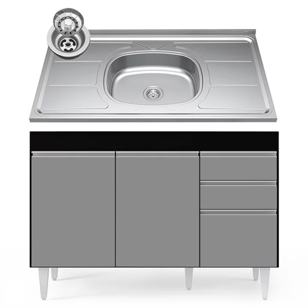 Balcão Gabinete com Pia Inox 120cm Michigan Preto/Cinza - Lumil Balcão Gabinete com Pia Inox 120cm Michigan Preto/Cinza - Lumil