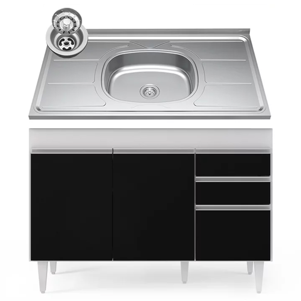 Balcão Gabinete com Pia Inox 120cm Michigan Branco/Preto - Lumil Balcão Gabinete com Pia Inox 120cm Michigan Branco/Preto - Lumil