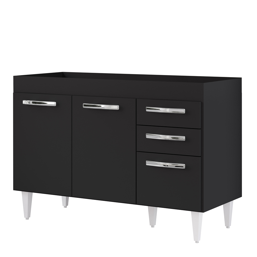 Balcão Gabinete Para Pia 120cm 3 Portas sem Tampo Suécia Preto - Lumil Balcão Gabinete Para Pia 120cm 3 Portas sem Tampo Suécia Preto - Lumil