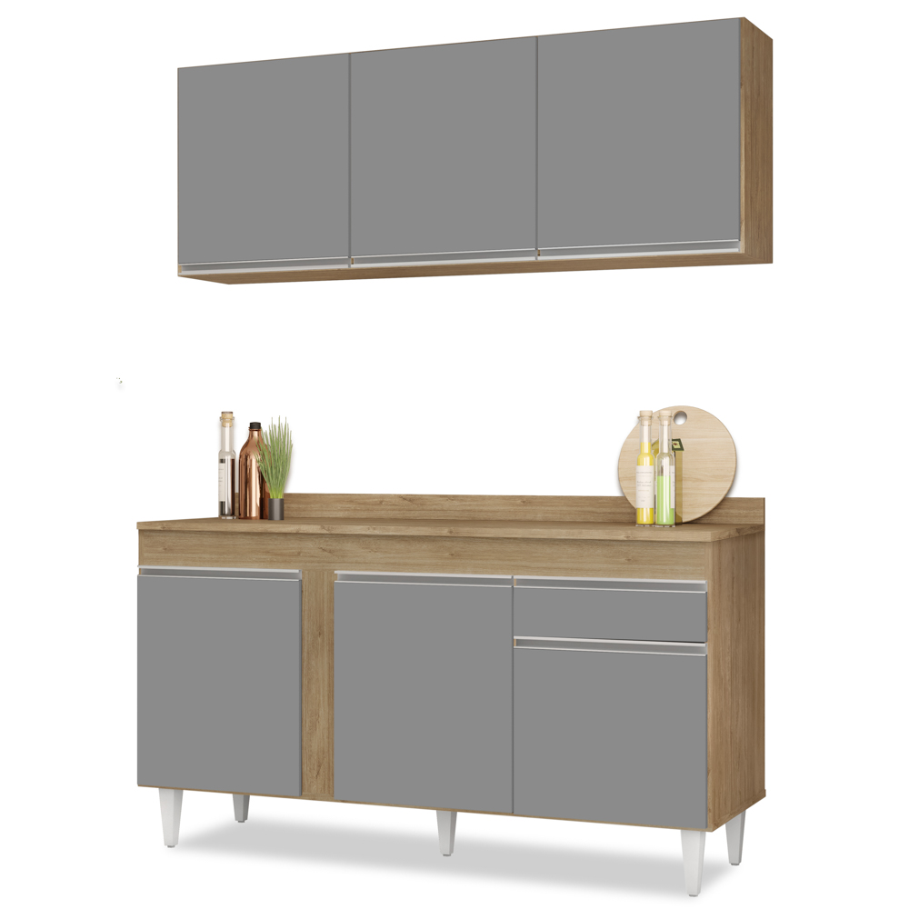 Armário Aéreo Argélia e Balcão Gabinete Para Pia com Tampo 150cm Dakota Castanho/Cinza - Lumil Armário Aéreo Argélia e Balcão Gabinete Para Pia com Tampo 150cm Dakota Castanho/Cinza - Lumil