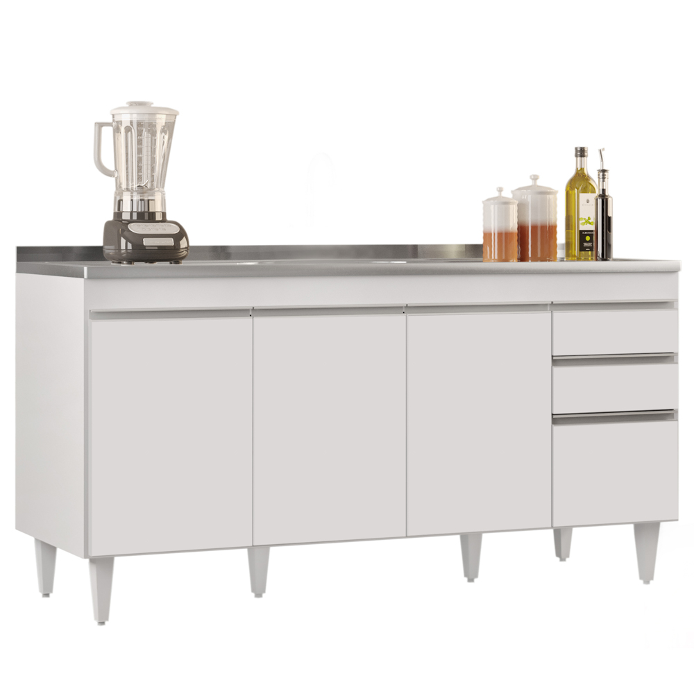 Balcão Gabinete com Pia Inox 160cm Arkansas Branco - Lumil Balcão Gabinete com Pia Inox 160cm Arkansas Branco - Lumil