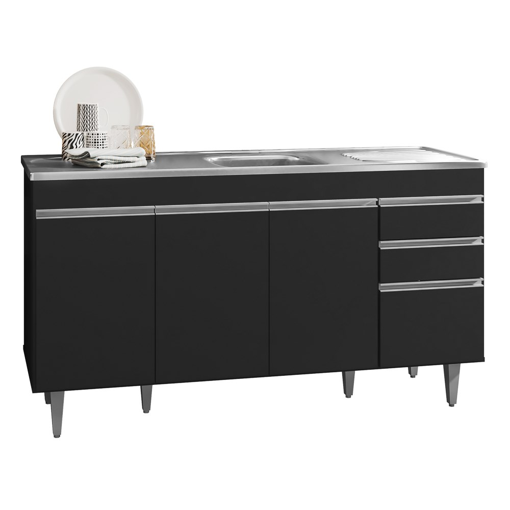 Balcão Gabinete com Pia Inox 150cm 4 Portas 2 Gavetas Marrocos Preto - Lumil Balcão Gabinete com Pia Inox 150cm 4 Portas 2 Gavetas Marrocos Preto - Lumil