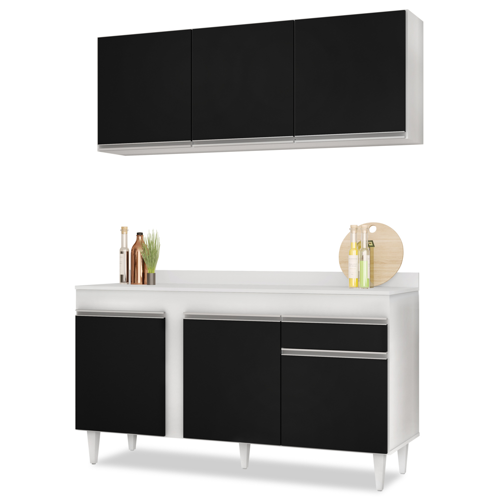 Armário Aéreo Argélia e Balcão Gabinete Para Pia com Tampo 150cm Dakota Branco/Preto- Lumil Armário Aéreo Argélia e Balcão Gabinete Para Pia com Tampo 150cm Dakota Branco/Preto- Lumil
