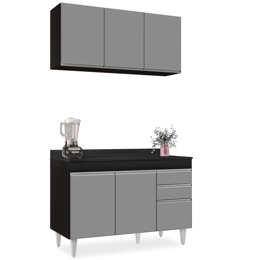 Armário Virgínia e Balcão com Tampo Michigan 120cm Preto/Cinza - Lumil Armário Virgínia e Balcão com Tampo Michigan 120cm Preto/Cinza - Lumil
