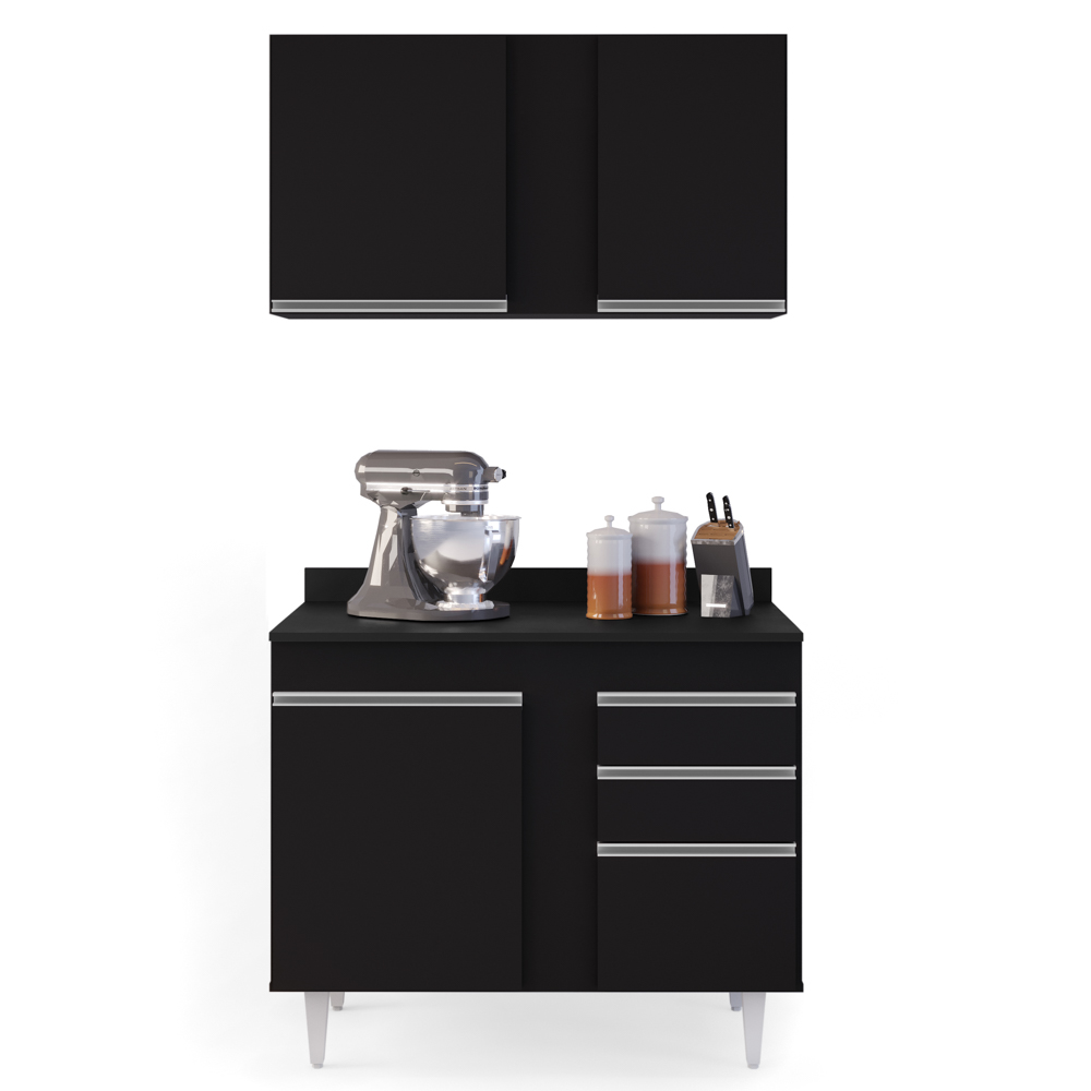 Armário Aéreo Indiana e Balcão Gabinete 100cm Luziania Preto - Lumil Móveis Armário Aéreo Indiana e Balcão Gabinete 100cm Luziania Preto - Lumil Móveis