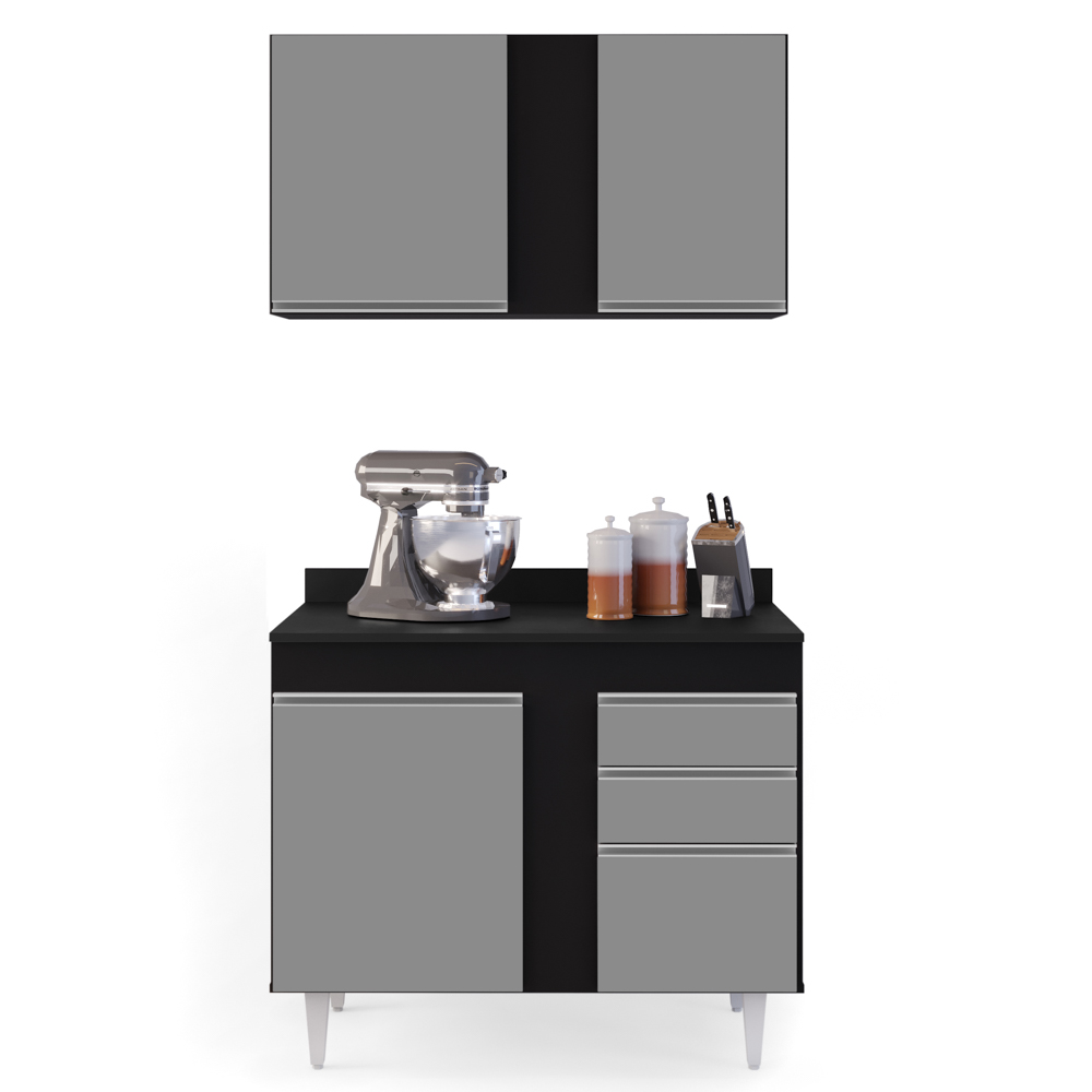 Armário Aéreo Indiana e Balcão Gabinete 100cm Luziania Preto/Cinza - Lumil Móveis Armário Aéreo Indiana e Balcão Gabinete 100cm Luziania Preto/Cinza - Lumil Móveis