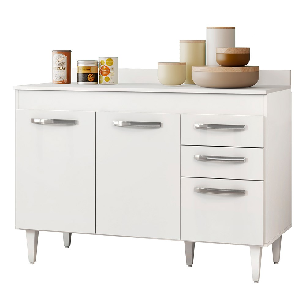 Balcão Gabinete de Pia Com Tampo Suécia 120cm 03 Portas 02 Gavetas Branco - Lumil Móveis Balcão Gabinete de Pia Com Tampo Suécia 120cm 03 Portas 02 Gavetas Branco - Lumil Móveis