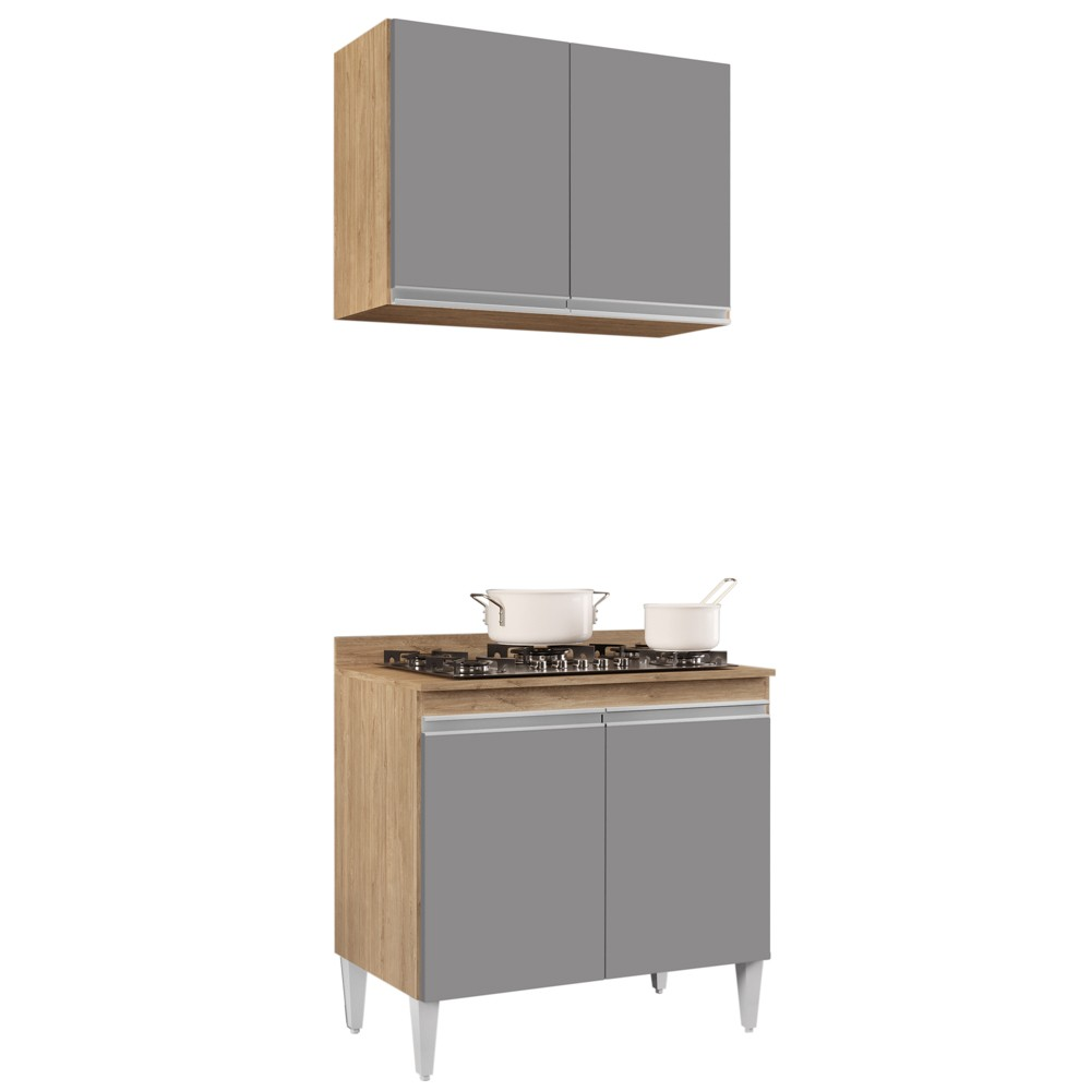Armário Califórnia e Balcão Para Cooktop Flórida Castanho/Cinza - Lumil Armário Califórnia e Balcão Para Cooktop Flórida Castanho/Cinza - Lumil