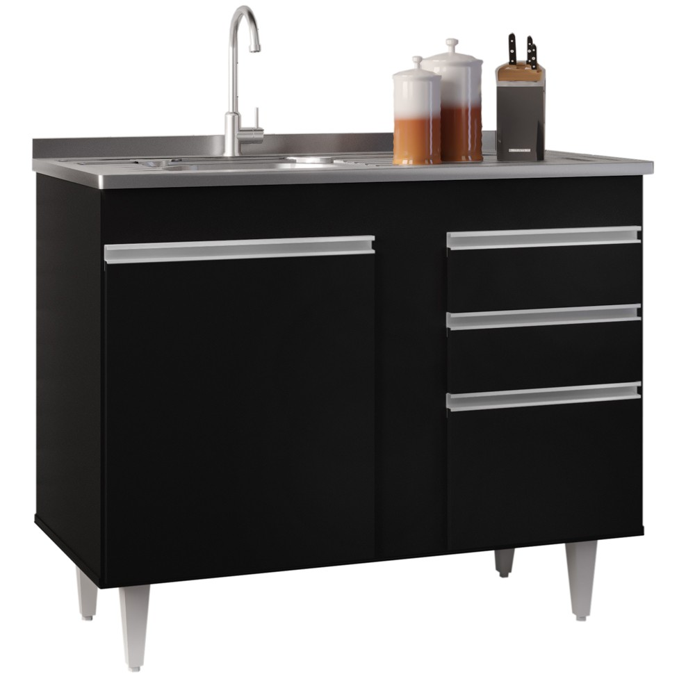 Balcão Gabinete 100cm Sem Tampo 3 Portas 2 Gavetas Luziania Preto - Lumil Móveis Balcão Gabinete 100cm Sem Tampo 3 Portas 2 Gavetas Luziania Preto - Lumil Móveis