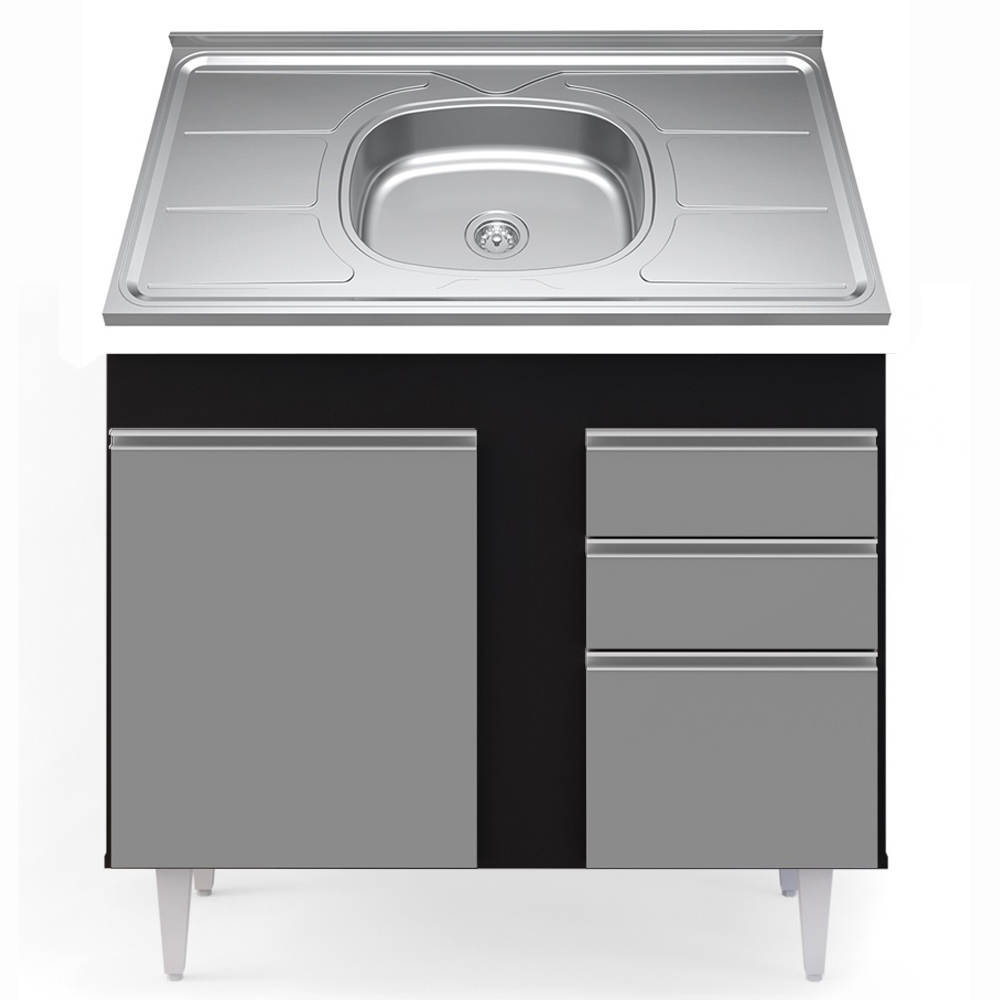 Balcão Gabinete Com Pia Inox 100cm 2 Portas 2 Gavetas Luziania Preto/Cinza - Lumil Balcão Gabinete Com Pia Inox 100cm 2 Portas 2 Gavetas Luziania Preto/Cinza - Lumil