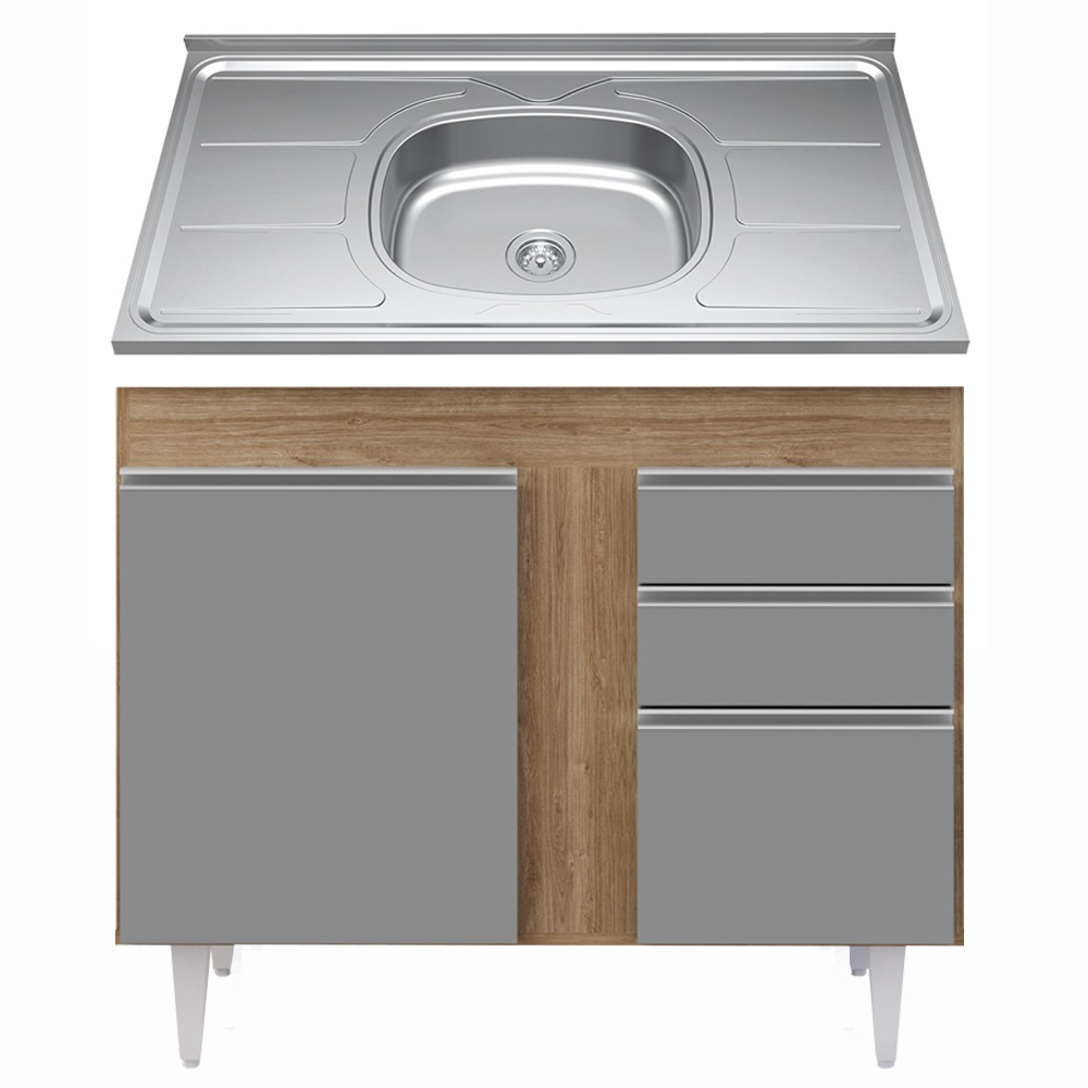 Balcão Gabinete Com Pia Inox 100cm 2 Portas 2 Gavetas Luziania Castanho/Cinza - Lumil Balcão Gabinete Com Pia Inox 100cm 2 Portas 2 Gavetas Luziania Castanho/Cinza - Lumil