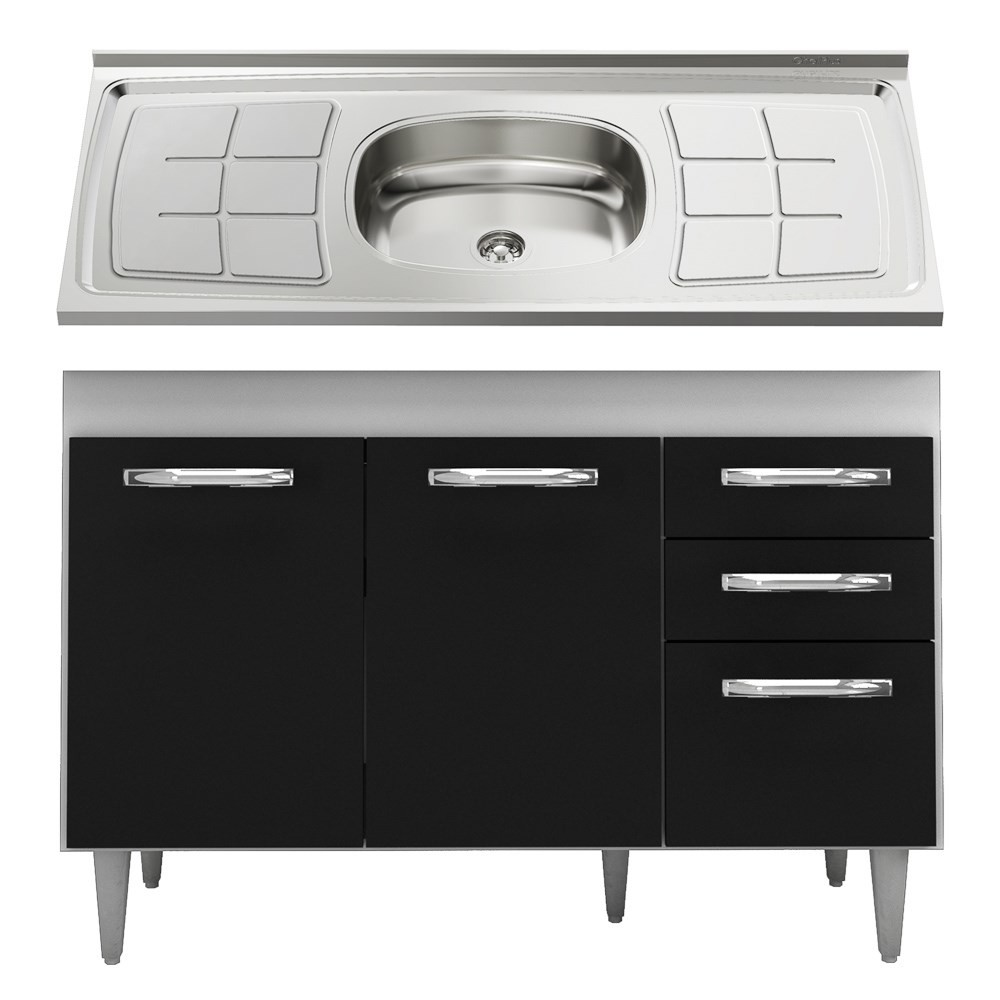 Balcão Gabinete Suécia com Pia Inox 120cm 3 Portas Branco/Preto - Lumil Móveis Balcão Gabinete Suécia com Pia Inox 120cm 3 Portas Branco/Preto - Lumil Móveis
