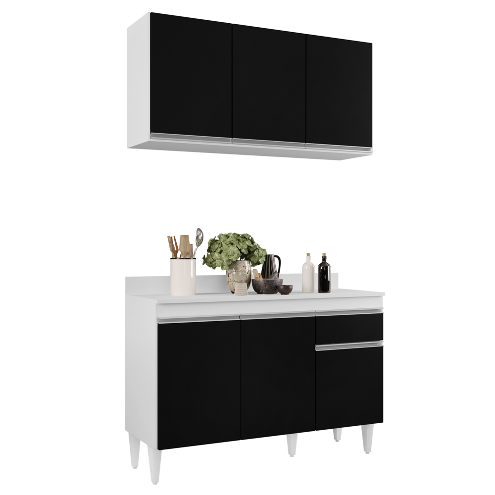 Armário Aéreo Virgínia e Balcão com Tampo 120cm Arizona Branco/Preto - Lumil Armário Aéreo Virgínia e Balcão com Tampo 120cm Arizona Branco/Preto - Lumil