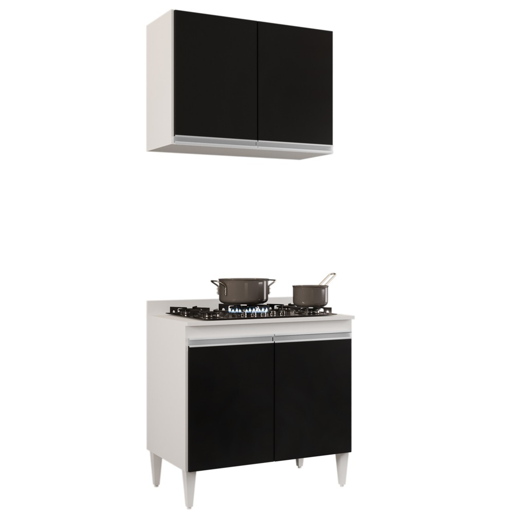 Armário Aéreo Califórnia e Balcão Para Cooktop Flórida Branco/Preto - Lumil Móveis Armário Aéreo Califórnia e Balcão Para Cooktop Flórida Branco/Preto - Lumil Móveis