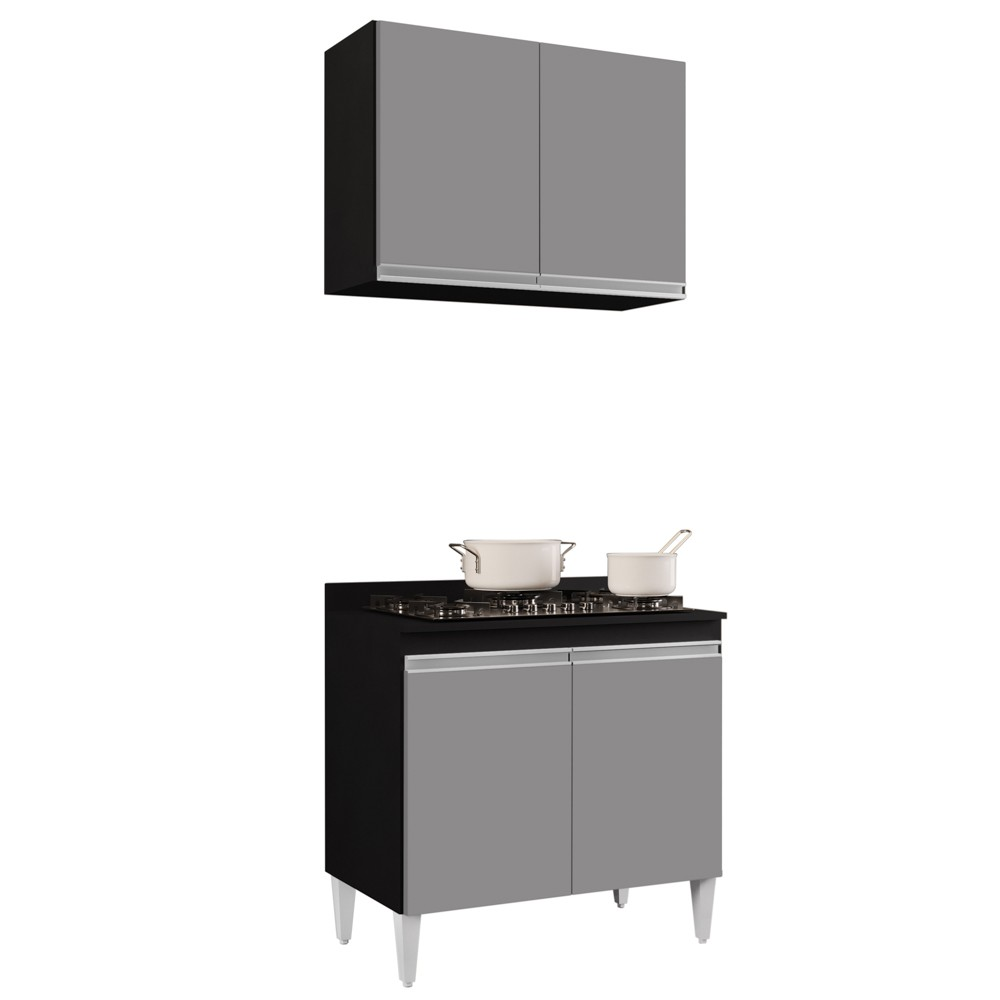 Armário Aéreo Califórnia e Balcão Para Cooktop Flórida Preto/Cinza - Lumil Móveis Armário Aéreo Califórnia e Balcão Para Cooktop Flórida Preto/Cinza - Lumil Móveis