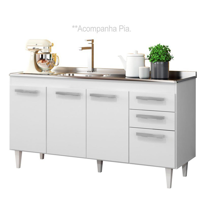 Balcão Gabinete Pia Inox 150cm Lisboa 4 Portas Branco - Lumil Móveis Balcão Gabinete Pia Inox 150cm Lisboa 4 Portas Branco - Lumil Móveis