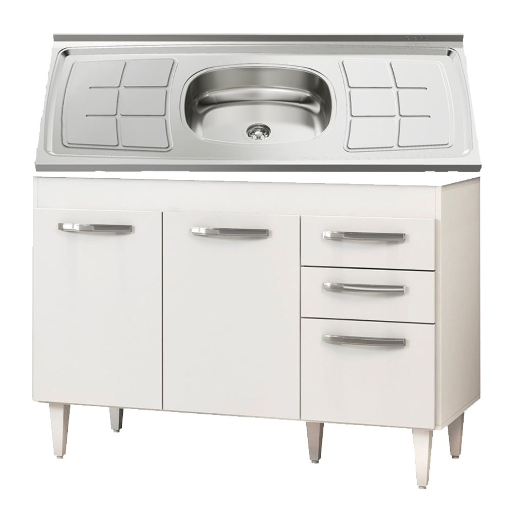 Balcão Gabinete Pia Inox Suécia 120cm 03 Portas Branco/Castanho - Lumil Móveis Balcão Gabinete Pia Inox Suécia 120cm 03 Portas Branco/Castanho - Lumil Móveis