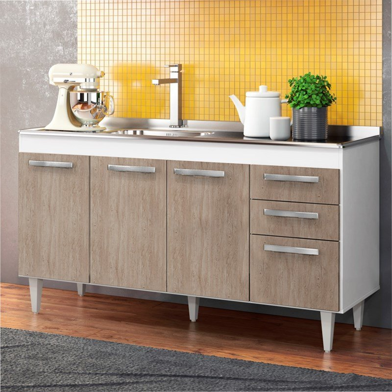Balcão Gabinete de Pia 150cm Lisboa 4pts 2gav Branco/Castanho - Lumil Móveis Balcão Gabinete de Pia 150cm Lisboa 4pts 2gav Branco/Castanho - Lumil Móveis