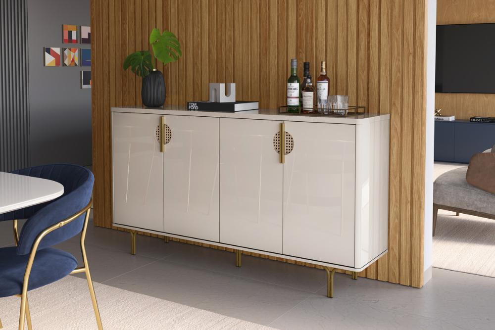 Buffet Siena Suporte P/ Decoração 4 Portas C/ Prateleira Divisória - Off White Buffet Siena Suporte P/ Decoração 4 Portas C/ Prateleira Divisória - Off White