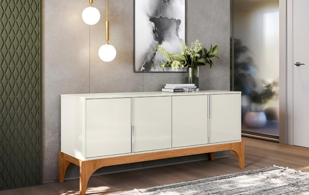 Buffet Amalf Suporte P/ Decoração 4 Portas Para Itens - Off White Perolizado/Jequitiba Buffet Amalf Suporte P/ Decoração 4 Portas Para Itens - Off White Perolizado/Jequitiba
