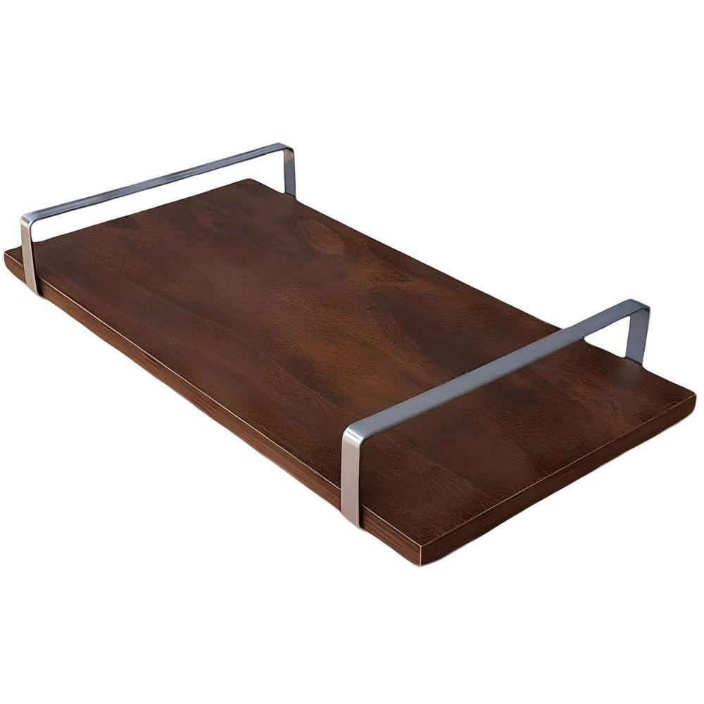 Bandeja Decorativa Castanho com Borda Infinita Alça Prata Bandeja Decorativa Castanho com Borda Infinita Alça Prata