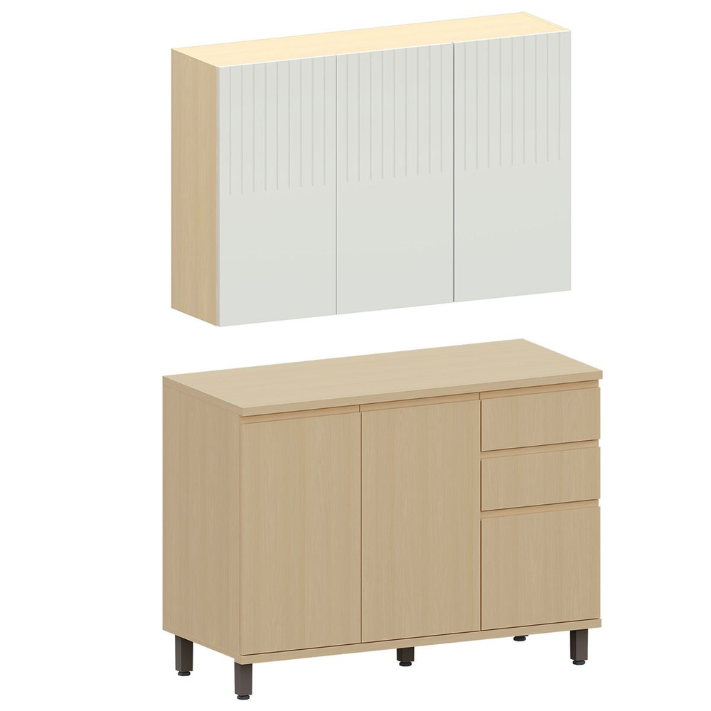 Kit Armário Aéreo 3 Portas e Balcão de Cozinha 120 cm Aurora Cinza Cristal Pet/Carvalho Kit Armário Aéreo 3 Portas e Balcão de Cozinha 120 cm Aurora Cinza Cristal Pet/Carvalho