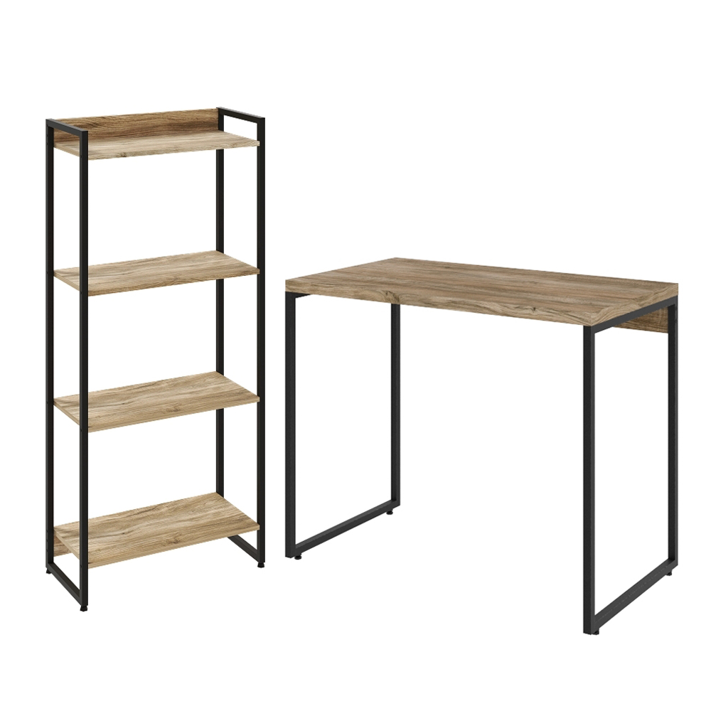 Kit Para Escritório Estante Areta 4 Prateleiras Mesa Industrial Aspen 90cm C01 Carvalho - Lyam Decor Kit Para Escritório Estante Areta 4 Prateleiras Mesa Industrial Aspen 90cm C01 Carvalho - Lyam Decor
