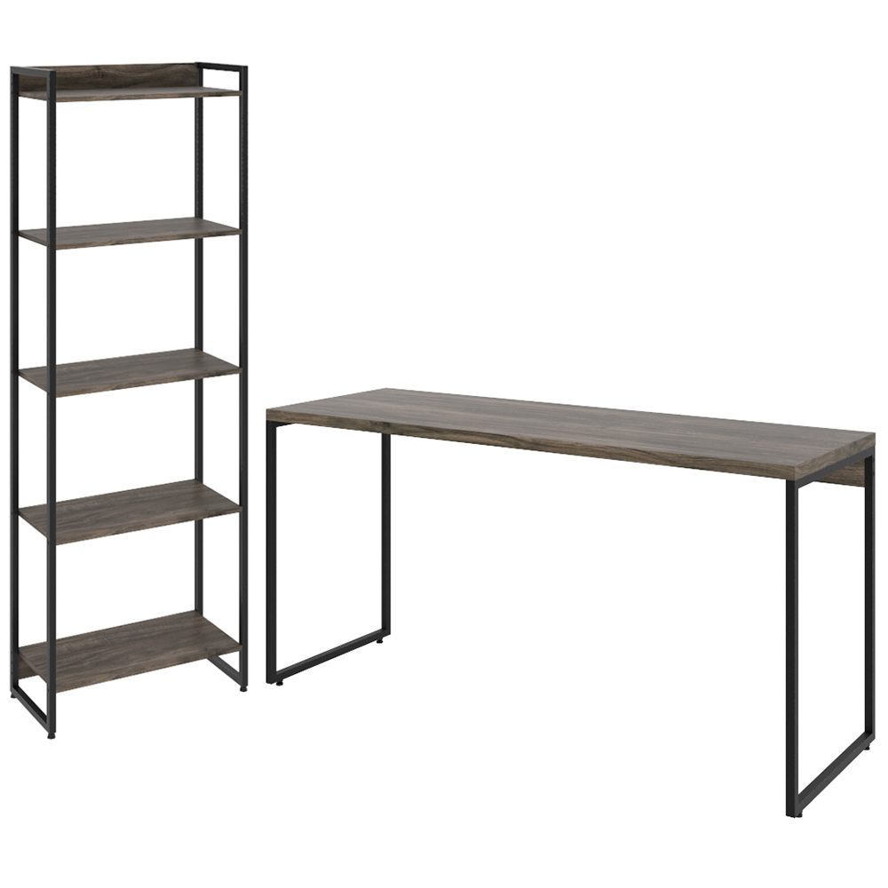 Kit Estante Areta 5 Prateleiras com Mesa Industrial Aspen 150cm C01 Carvalho Dark - Lyam Decor Kit Estante Areta 5 Prateleiras com Mesa Industrial Aspen 150cm C01 Carvalho Dark - Lyam Decor