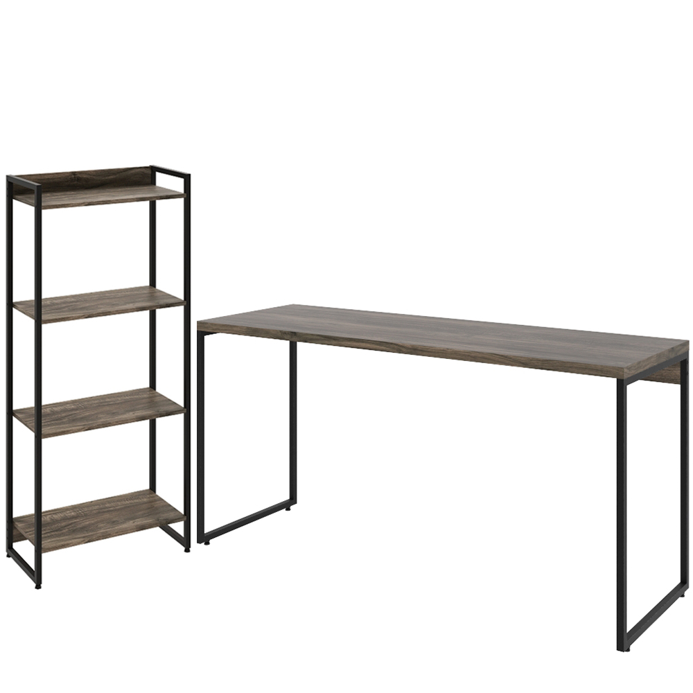 Kit Estante Areta 4 Prateleiras com Mesa Industrial Aspen 150cm C01 Carvalho Dark - Lyam Decor Kit Estante Areta 4 Prateleiras com Mesa Industrial Aspen 150cm C01 Carvalho Dark - Lyam Decor