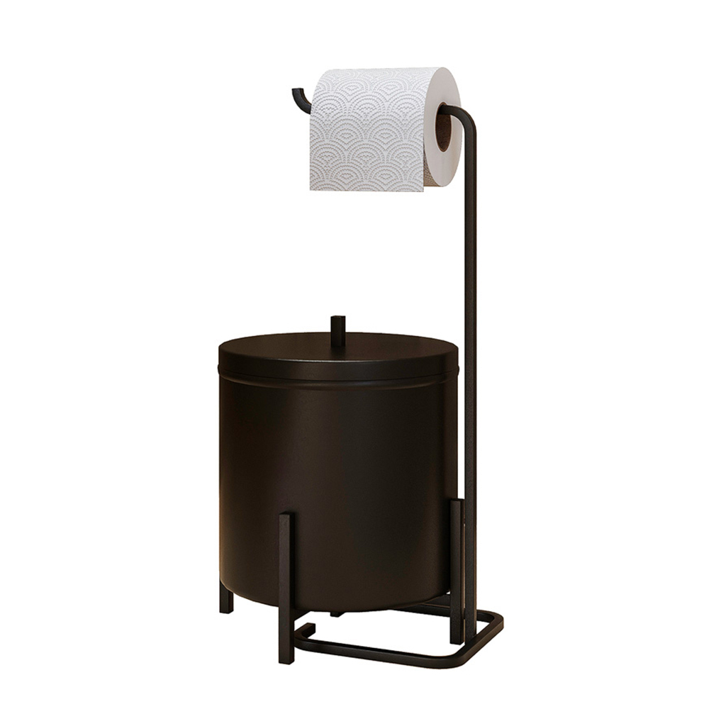 Kit Lixeira Com Tampa Multiuso 6L Kalli e Papeleira de chão Set Aço D01 Preto Fosco - Lyam Decor Kit Lixeira Com Tampa Multiuso 6L Kalli e Papeleira de chão Set Aço D01 Preto Fosco - Lyam Decor