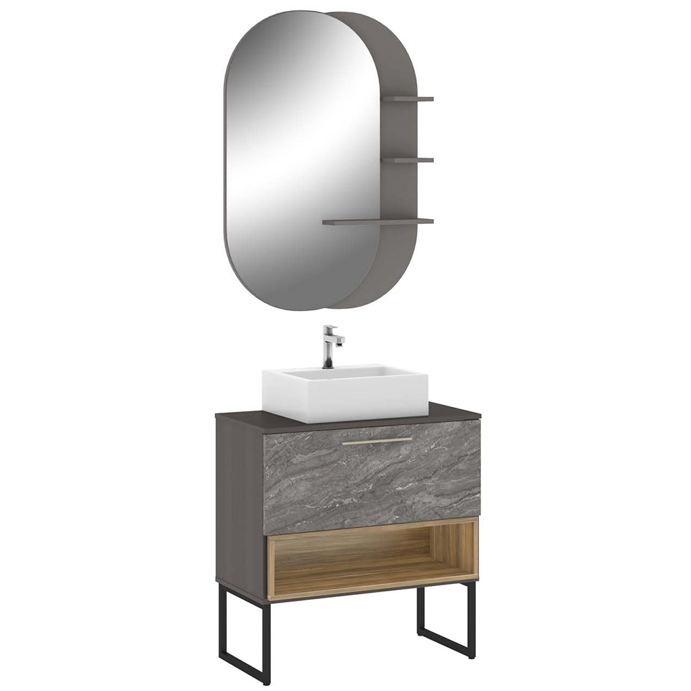 Conjunto Banheiro Gabinete 80cm Com Pés Cuba E Espelho Vicenza B06 Branco Magneto Nogal - Lyam Decor Conjunto Banheiro Gabinete 80cm Com Pés Cuba E Espelho Vicenza B06 Branco Magneto Nogal - Lyam Decor