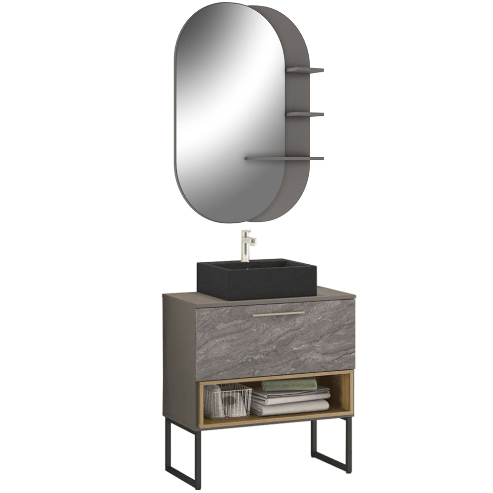 Conjunto Banheiro Gabinete 80cm Com Pés Cuba E Espelho Vicenza B06 Preto Magneto Nogal - Lyam Decor Conjunto Banheiro Gabinete 80cm Com Pés Cuba E Espelho Vicenza B06 Preto Magneto Nogal - Lyam Decor