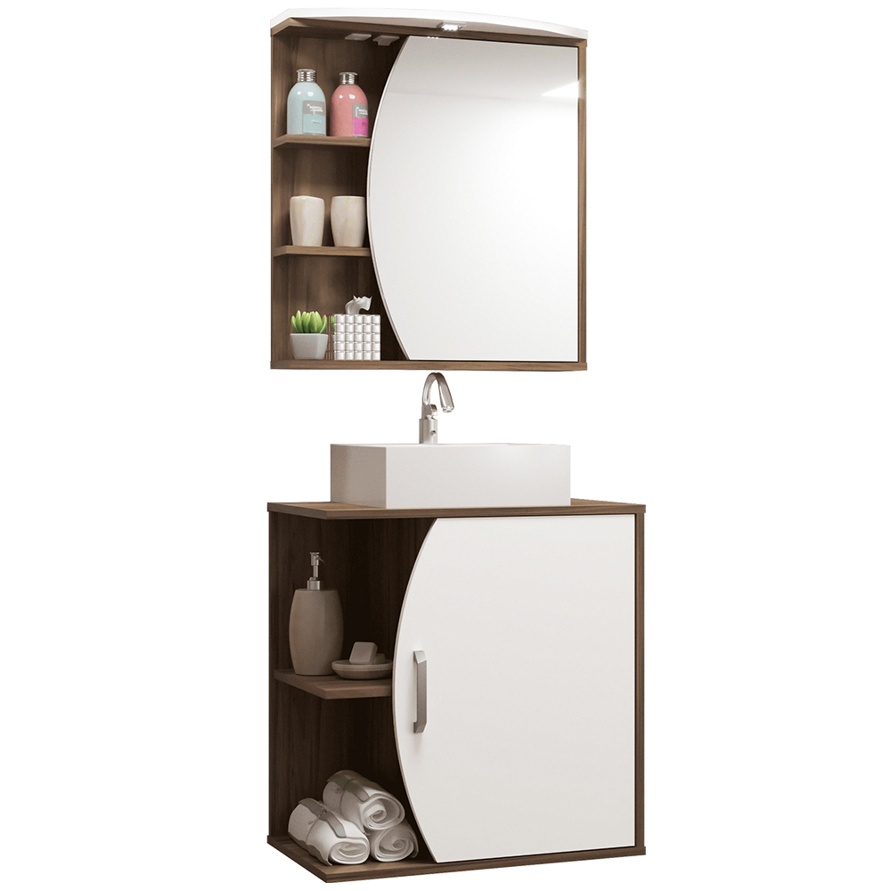 Conjunto Para Banheiro Armário Gabinete 01 Porta 60 cm Com Cuba Duna B06 Branco Nogal - Lyam Decor Conjunto Para Banheiro Armário Gabinete 01 Porta 60 cm Com Cuba Duna B06 Branco Nogal - Lyam Decor