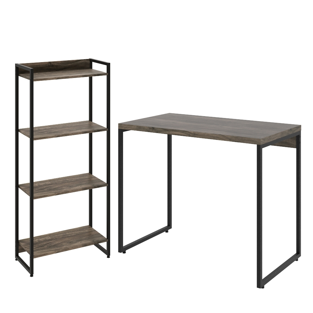 Kit Escritório Estante Areta 4 Prateleiras Mesa Industrial Aspen 90cm C01 Carvalho Dark - Lyam Decor Kit Escritório Estante Areta 4 Prateleiras Mesa Industrial Aspen 90cm C01 Carvalho Dark - Lyam Decor