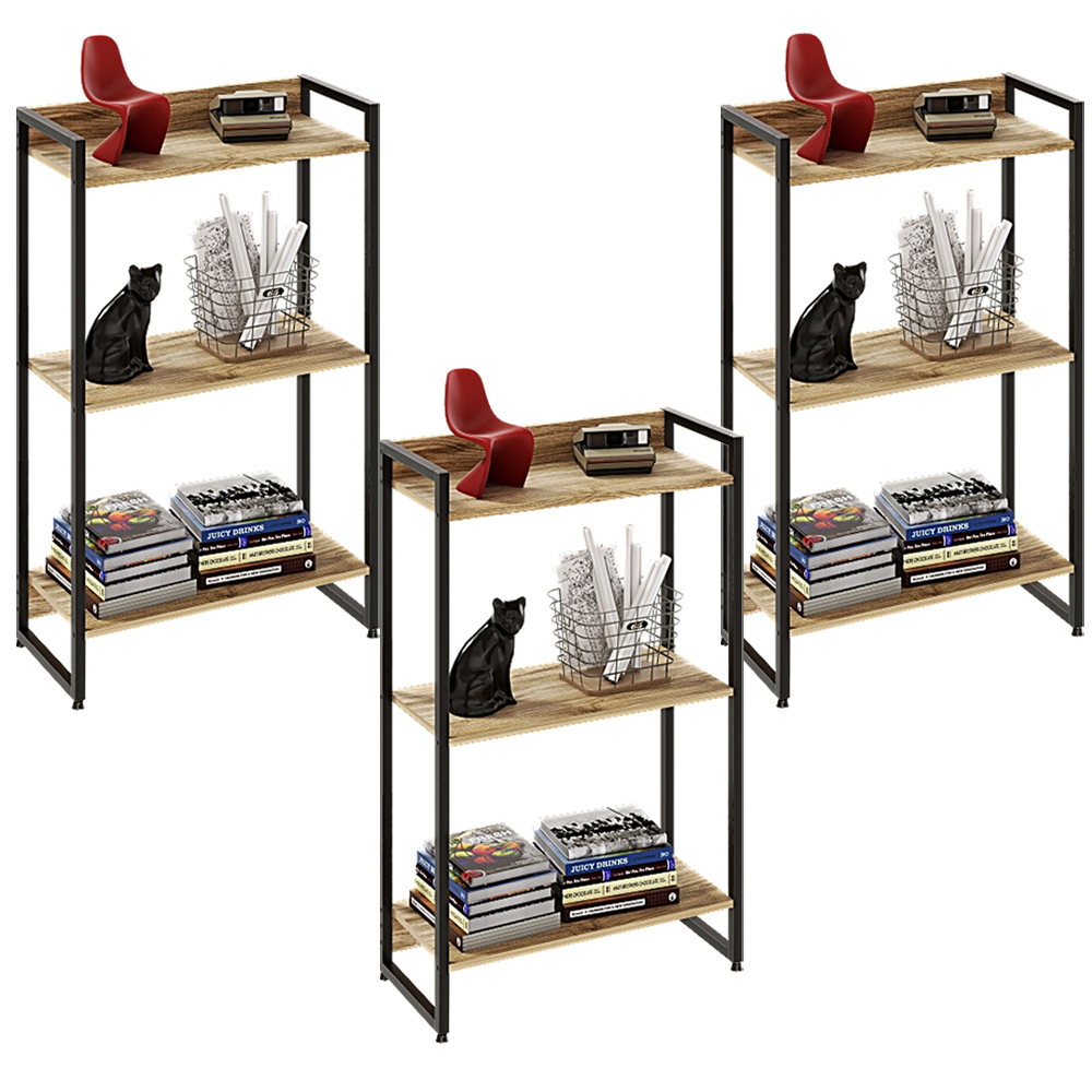 Kit 3 Estantes Multiuso Escritório Industrial 3 Prateleiras Areta 104x60cm C01 Carvalho - Lyam Decor Kit 3 Estantes Multiuso Escritório Industrial 3 Prateleiras Areta 104x60cm C01 Carvalho - Lyam Decor