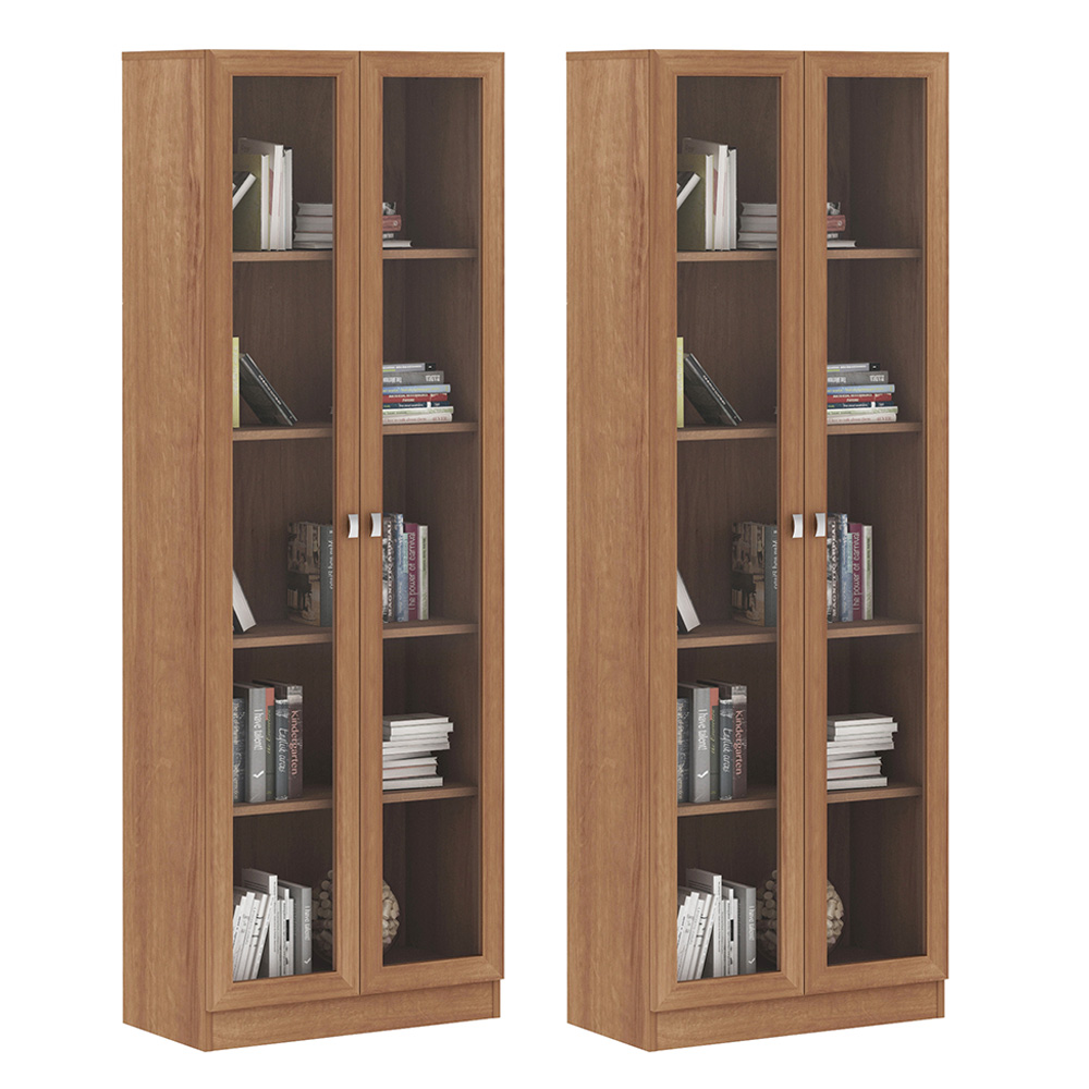 Kit 2 Estantes Escritório 2 Portas De Vidro 4 Prateleiras Cannes 171x59cm T01 Amêndoa - Lyam Decor Kit 2 Estantes Escritório 2 Portas De Vidro 4 Prateleiras Cannes 171x59cm T01 Amêndoa - Lyam Decor