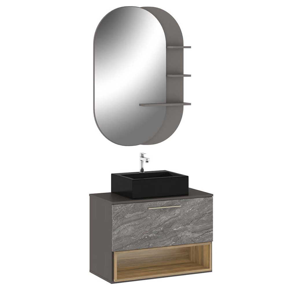 Conjunto Banheiro Gabinete Suspenso Com Cuba E Espelho Vicenza B06 Preto Magneto Nogal - Lyam Decor Conjunto Banheiro Gabinete Suspenso Com Cuba E Espelho Vicenza B06 Preto Magneto Nogal - Lyam Decor