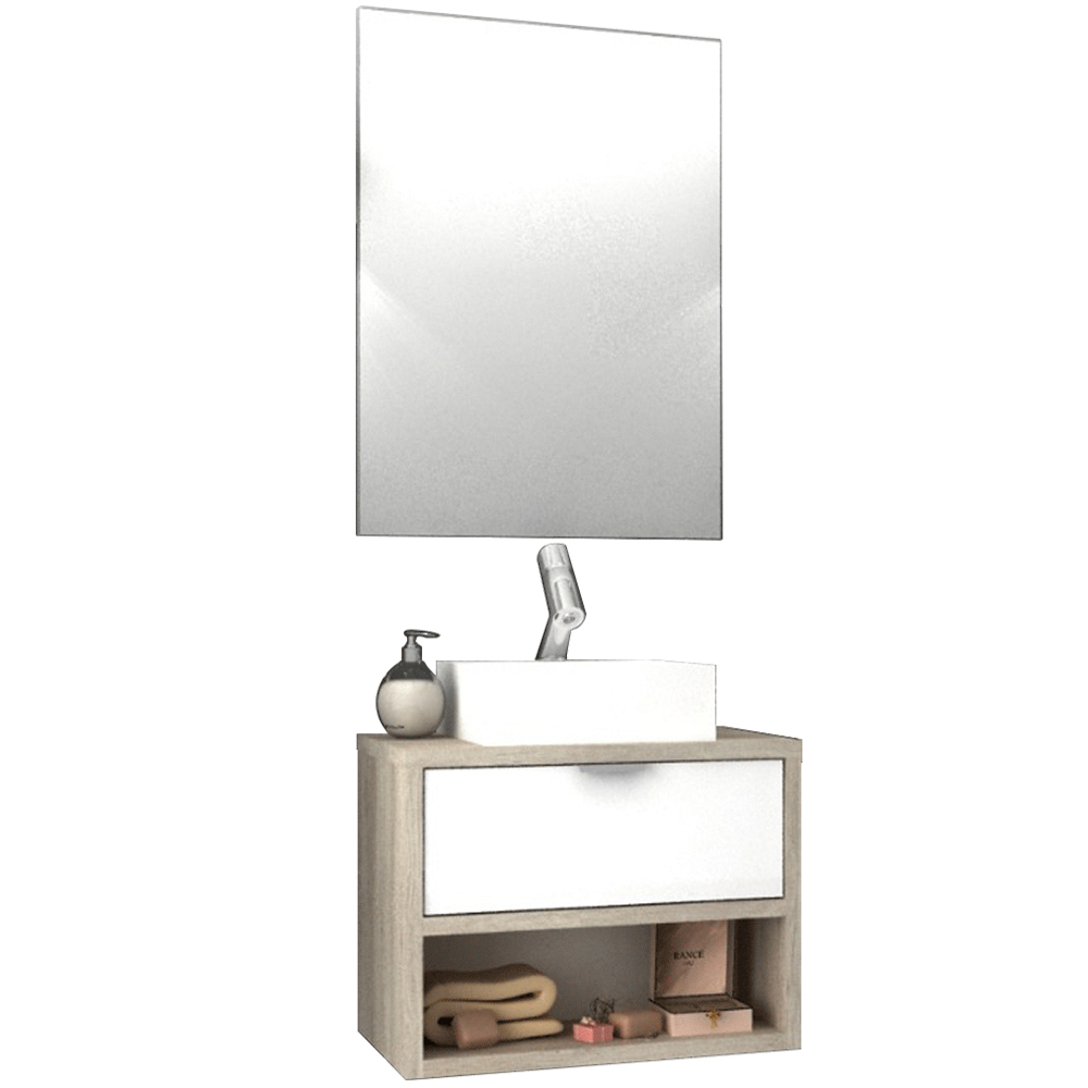 Conjunto Banheiro Gabinete 60cm 01 Gaveta Com Cuba E Espelho Malta B06 Barrique Branco - Lyam Decor Conjunto Banheiro Gabinete 60cm 01 Gaveta Com Cuba E Espelho Malta B06 Barrique Branco - Lyam Decor