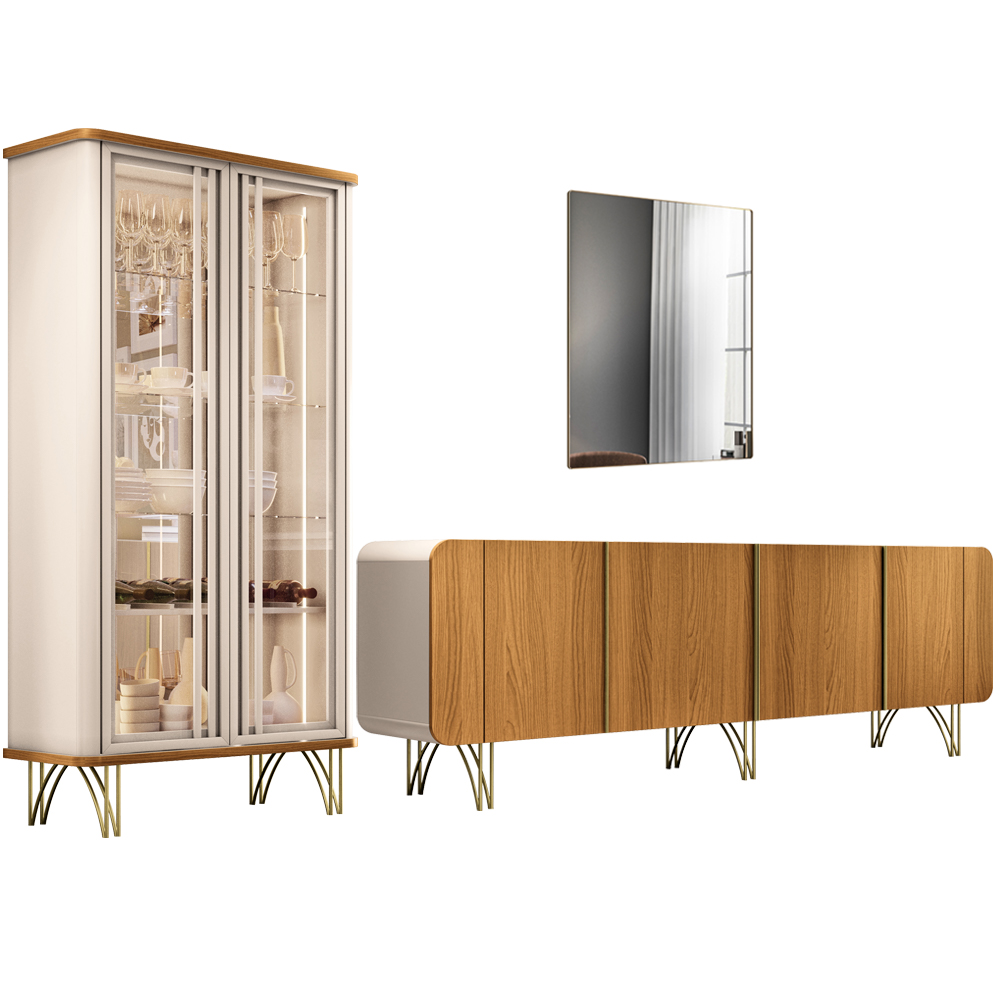 Kit Aparador Buffet Living Santiago Cristaleira Adega Síria e Espelho Ibiza B01 Cinamomo Off - Lyam Kit Aparador Buffet Living Santiago Cristaleira Adega Síria e Espelho Ibiza B01 Cinamomo Off - Lyam