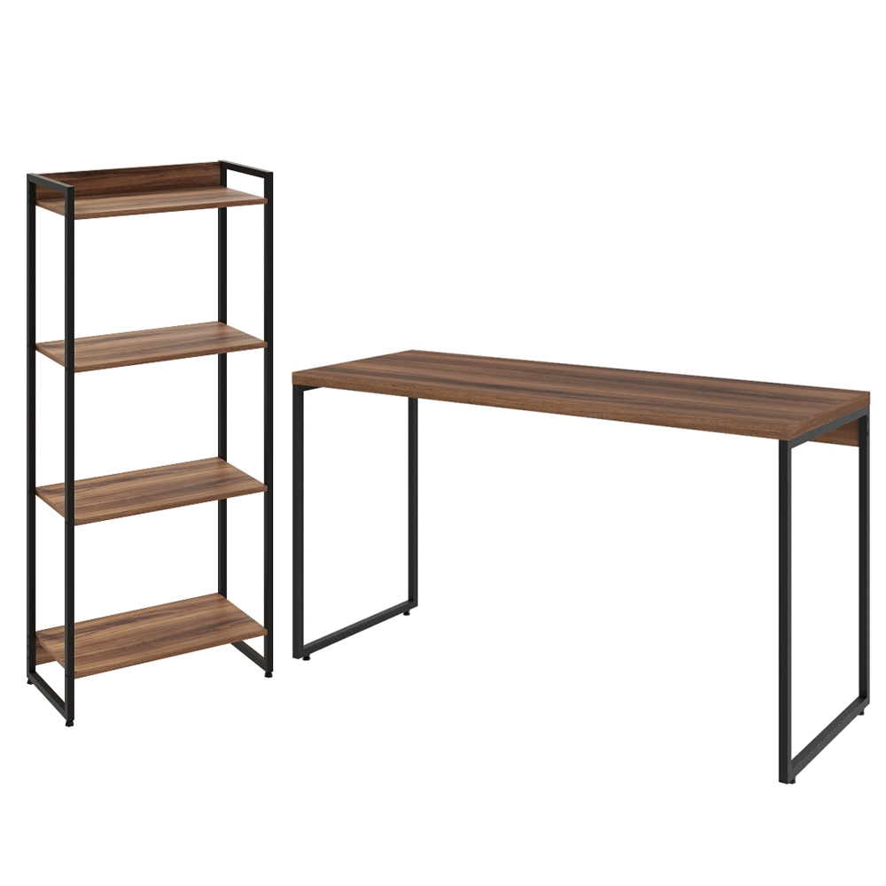 Kit Escritório Estante Areta 4 Prateleiras com Mesa Industrial Aspen 135cm C01 Nogal - Lyam Decor Kit Escritório Estante Areta 4 Prateleiras com Mesa Industrial Aspen 135cm C01 Nogal - Lyam Decor