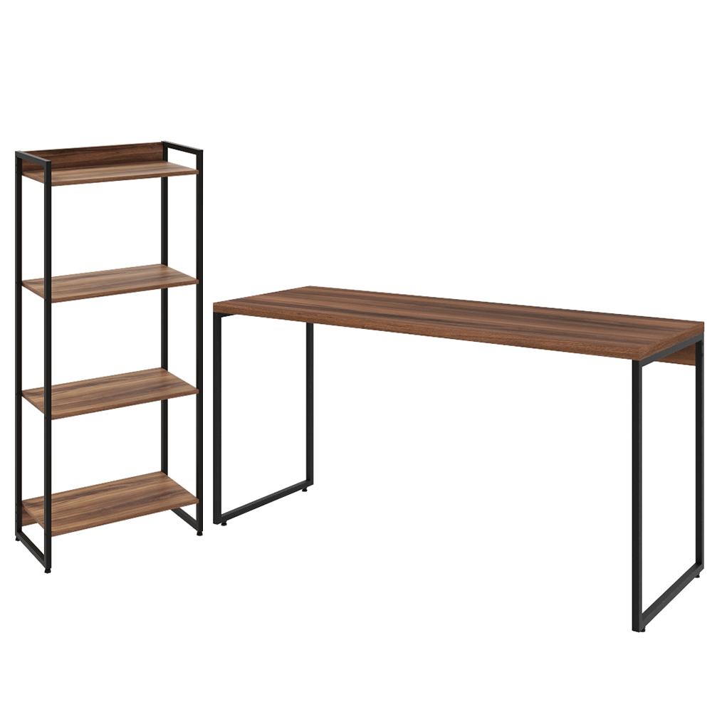 Kit Escritório Estante Areta 4 Prateleiras com Mesa Industrial Aspen 150cm C01 Nogal - Lyam Decor Kit Escritório Estante Areta 4 Prateleiras com Mesa Industrial Aspen 150cm C01 Nogal - Lyam Decor