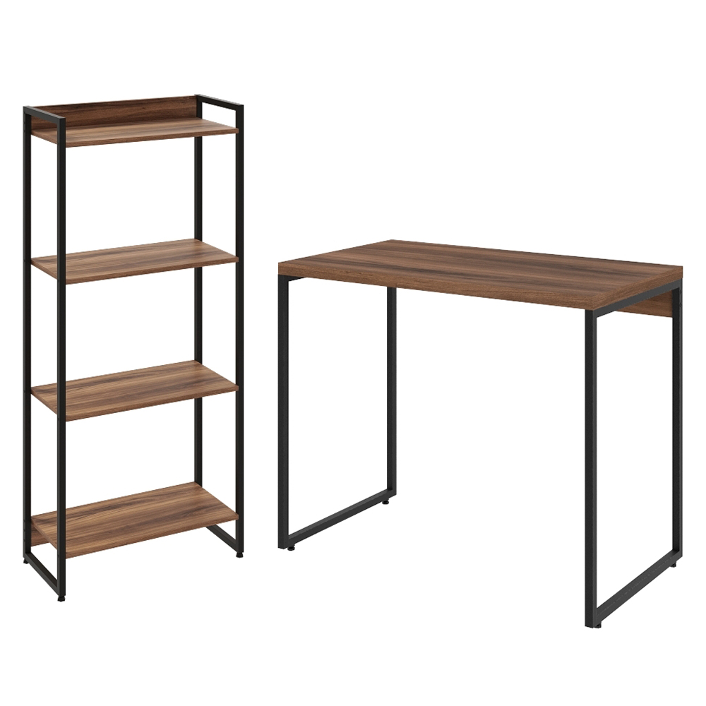 Kit Para Escritório Estante Areta 4 Prateleiras Mesa Industrial Aspen 90cm C01 Nogal - Lyam Decor Kit Para Escritório Estante Areta 4 Prateleiras Mesa Industrial Aspen 90cm C01 Nogal - Lyam Decor