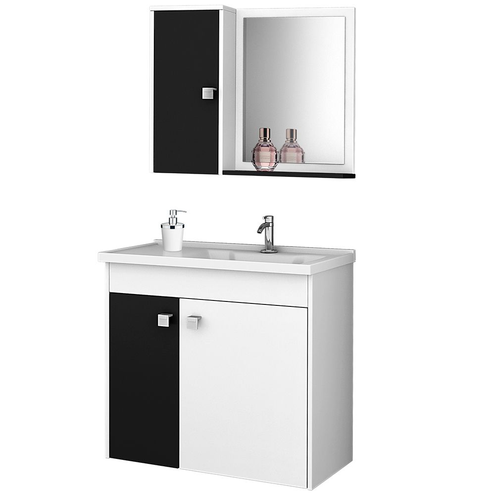 Gabinete Para Banheiro com Cuba e Espelho Munique B02 Branco Preto - Lyam Decor Gabinete Para Banheiro com Cuba e Espelho Munique B02 Branco Preto - Lyam Decor