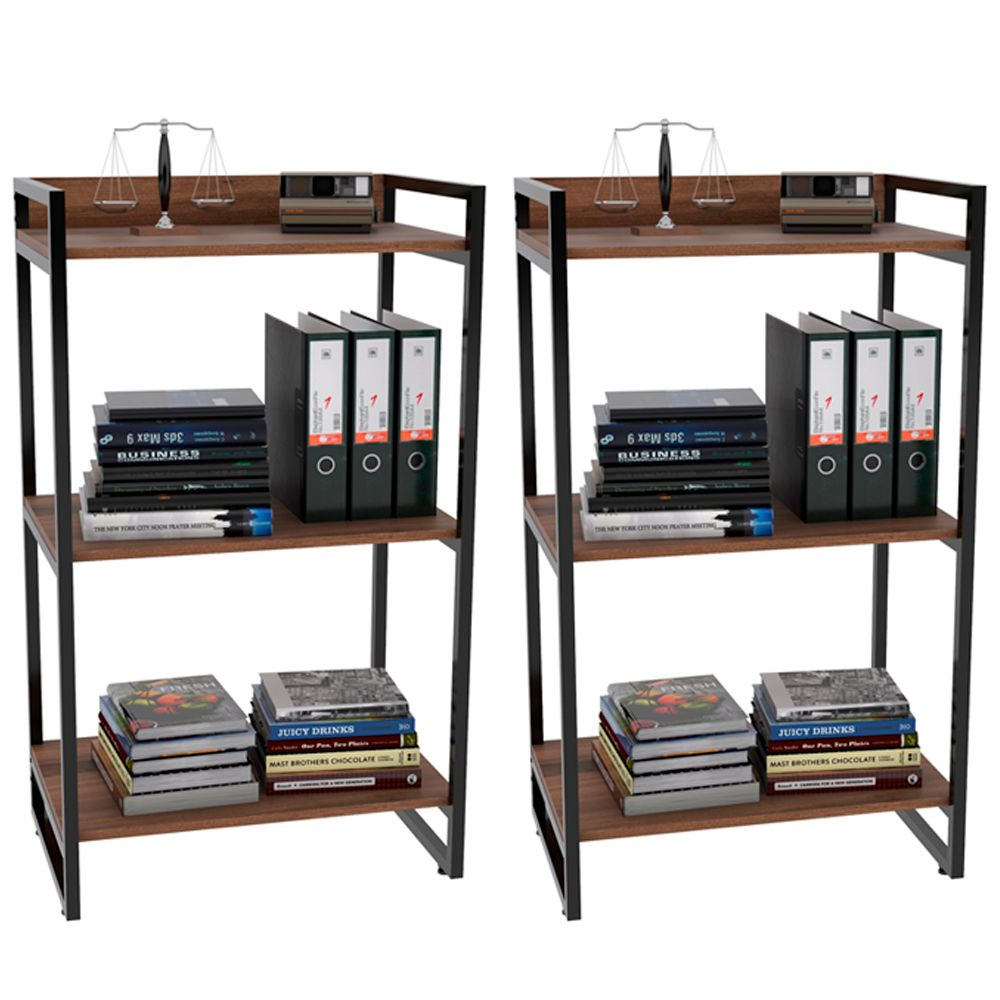 Kit 02 Estantes com 3 Prateleiras Escritório Estilo Industrial Form C01 104x60 cm Nogal - Lyam Decor Kit 02 Estantes com 3 Prateleiras Escritório Estilo Industrial Form C01 104x60 cm Nogal - Lyam Decor