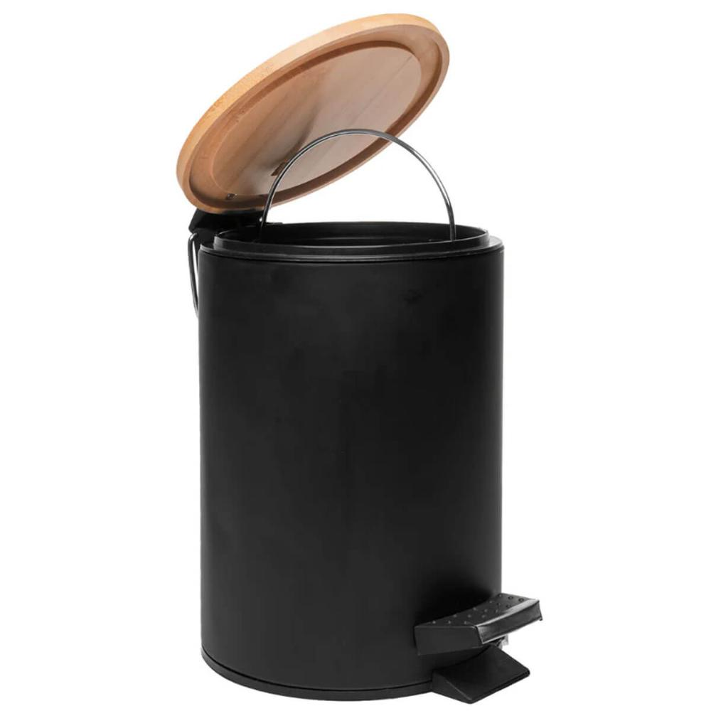 Lixeira 5L Metal Redonda com Pedal Preta Tampa Bambu Balde Interno Banheiro Lixeira 5L Metal Redonda com Pedal Preta Tampa Bambu Balde Interno Banheiro
