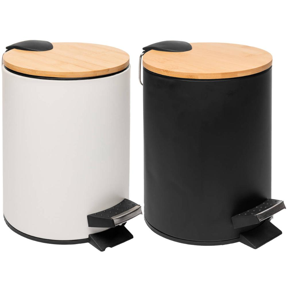 2 Lixeiras Redondas de Metal com Pedal 5L Tampa de Bambu Lyor Preta e Branca Balde Banheiro 2 Lixeiras Redondas de Metal com Pedal 5L Tampa de Bambu Lyor Preta e Branca Balde Banheiro