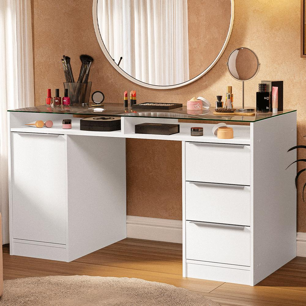 Escrivaninha Penteadeira 136cm 1 Porta 3 Gavetas Tampo de Vidro Branco Madesa Escrivaninha Penteadeira 136cm 1 Porta 3 Gavetas Tampo de Vidro Branco Madesa